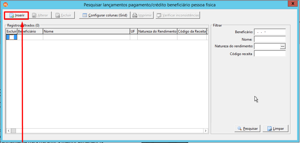 Tela de pesquisa de lançamentos para pessoa física com o botão "Inserir" destacado em vermelho no topo esquerdo.