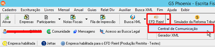 Atalho na barra de ferramentas para "EFD Reinf" com a opção "Central de Comunicação" selecionada.
