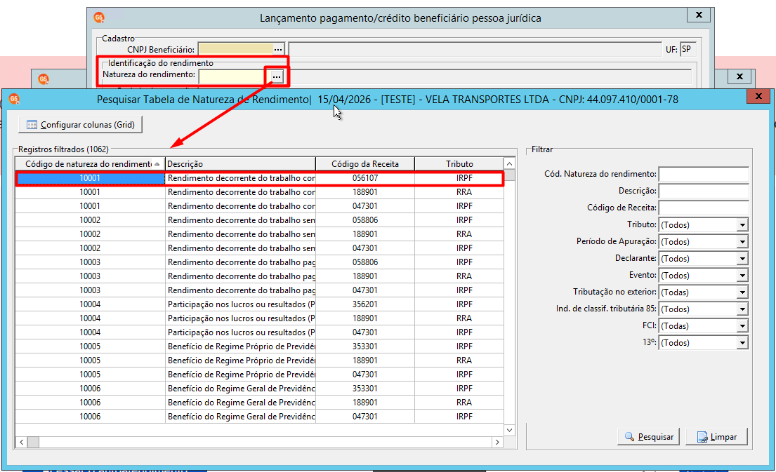 Tabela de Natureza de Rendimento exibindo diversos códigos, como 10001 (trabalho assalariado) e respectivos códigos de receita.