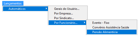 Menu de navegação destacando a opção Pensão Alimentícia dentro de Por Funcionário.