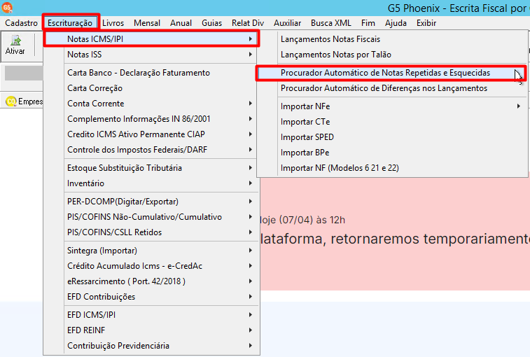 Menu do sistema G5 destacando o caminho: Escrituração > Notas ICMS/IPI > Procurador Automático de Notas Repetidas e Esquecidas.