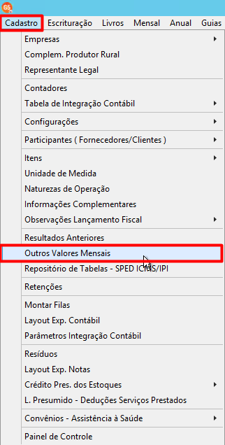 Menu "Cadastro" do software G5 aberto, com destaque em vermelho na opção "Outros Valores Mensais".