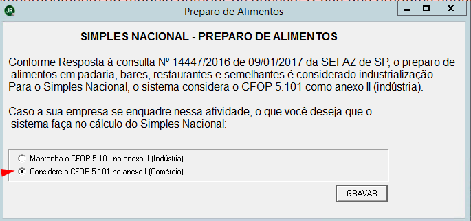 Janela de configuração "Preparo de Alimentos" com a opção "Considere o CFOP 5.101 no anexo I (Comércio)" selecionada.