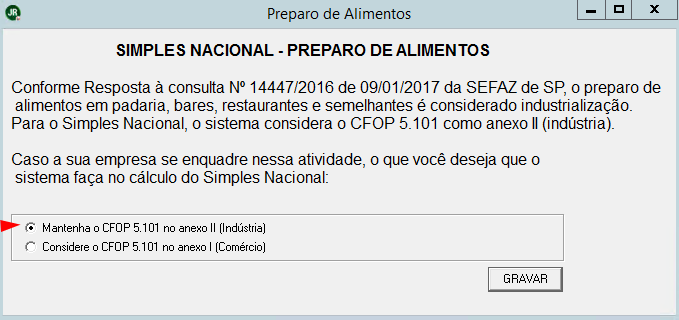 Janela de configuração "Preparo de Alimentos" com a opção "Mantenha o CFOP 5.101 no anexo II (Indústria)" selecionada.