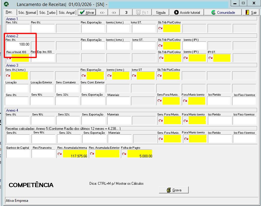 Tela de Lançamento de Receitas do Simples Nacional com valor de R$ 100,00 alocado automaticamente no Anexo II (Indústria).