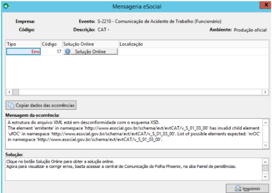 Tela "Mensageria eSocial" exibindo Erro 17 no evento S-2210. A mensagem indica tag 'ufOC' inválida no XML, esperando-se o elemento 'nrOC'.