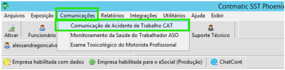 Menu superior do sistema SST. O item "Comunicações" e a opção "Comunicação de Acidente de Trabalho CAT" estão destacados.