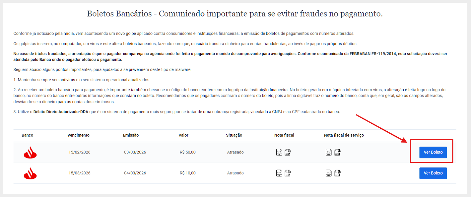 Lista de boletos bancários do Santander com detalhes de vencimento e valor, destacando o botão azul "Ver Boleto" à direita.