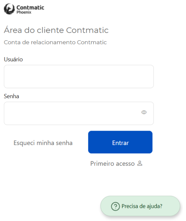 Tela de login da Contmatic Phoenix com campos para usuário e senha, botão azul "Entrar" e links para recuperar senha ou primeiro acesso.