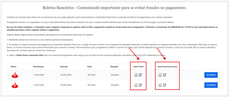 Lista de boletos bancários com colunas para banco, vencimento e valor. Destaque em vermelho para os ícones de download da Nota Fiscal e Nota de Serviço.