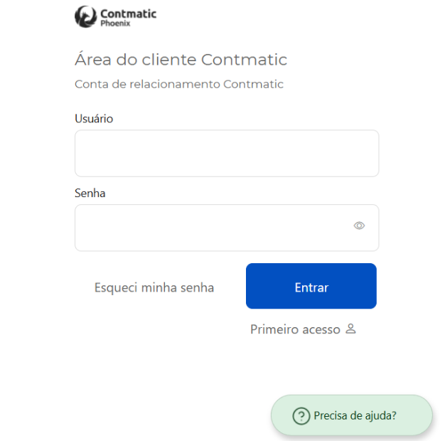 Tela de login da "Área do cliente Contmatic" com campos para usuário e senha, botão azul "Entrar" e opção de primeiro acesso.