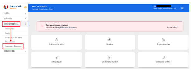 Menu lateral do portal destacando o caminho: "Gerenciar Conta" seguido pela seleção da opção "Responsável Financeiro" no submenu.