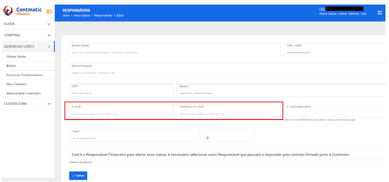 Formulário de cadastro de "Responsáveis" com destaque em vermelho nos campos de preenchimento e confirmação do novo e-mail.
