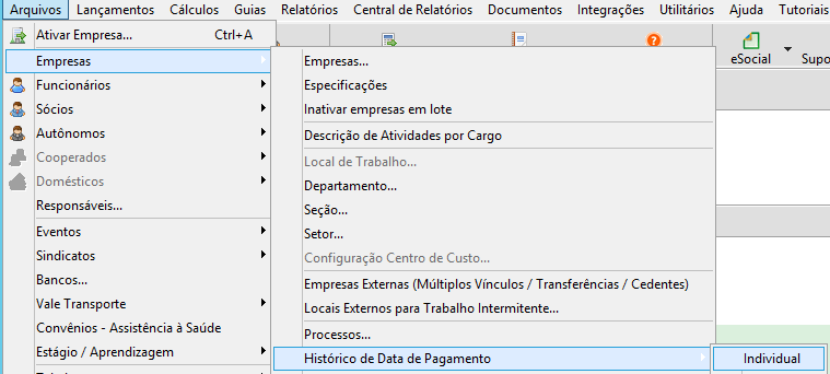 Menu superior do software. O caminho selecionado é Arquivos > Empresas > Histórico de Data de Pagamento > Individual.