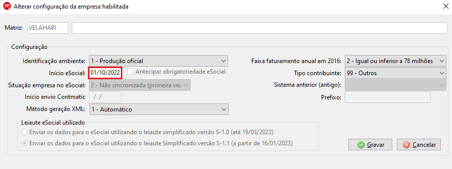 Configuração da empresa habilitada no sistema de folha, destacando o Início eSocial em 01/10/2022 no ambiente de Produção Oficial.