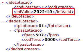 Trecho do arquivo XML do evento S-1020, destacando a tag de validade inicial (iniValid) preenchida como 2022-10 para a lotação 1.