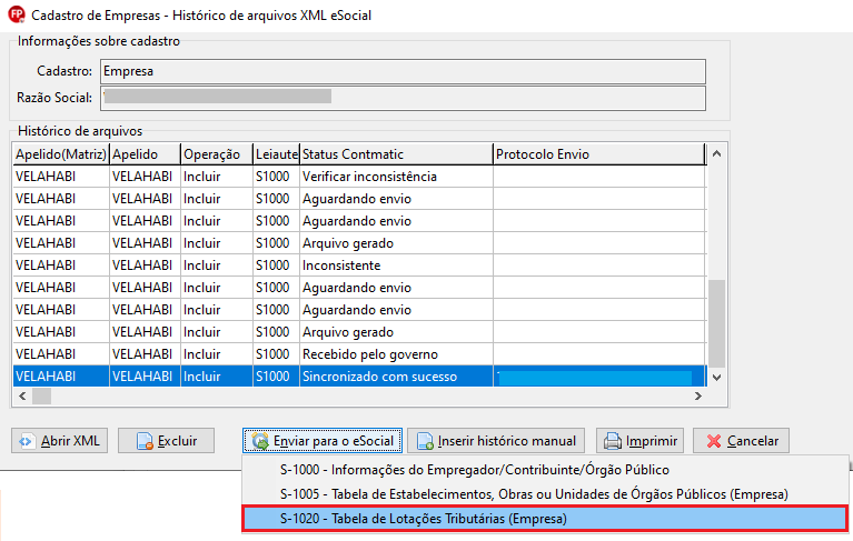 Histórico de arquivos XML do eSocial com o evento S-1000 sincronizado e menu para envio do evento S-1020 (Lotações Tributárias).
