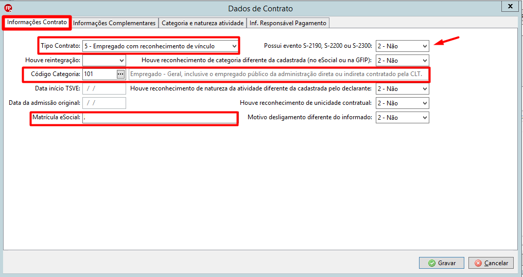 Tela Dados de Contrato definindo Tipo de Contrato "5 - Empregado com reconhecimento de vínculo" e Código de Categoria 101..png
