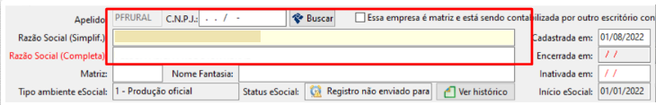 Tela de cadastro de empresa no sistema Folha, destacando em vermelho os campos de Apelido, CNPJ e Razão Social (Simplificada e Completa).