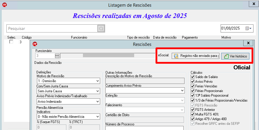 Listagem de Rescisões de agosto de 2025, destacando o status do eSocial: "Registro não enviado" e botão "Ver histórico".