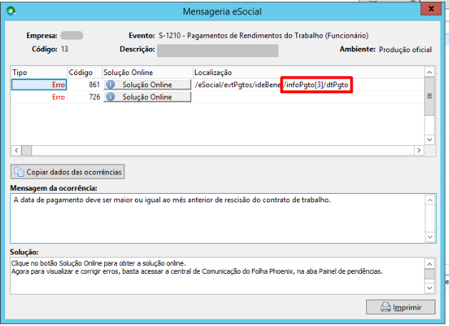 Detalhe da Mensageria eSocial indicando erro 861 na localização do arquivo XML referente ao campo dtPgto do grupo infoPgto.