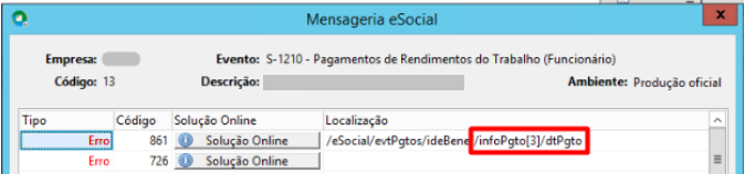 Close-up do erro 861 no sistema, enfatizando a localização específica do erro no terceiro bloco de informações de pagamento (infoPgto[3]).