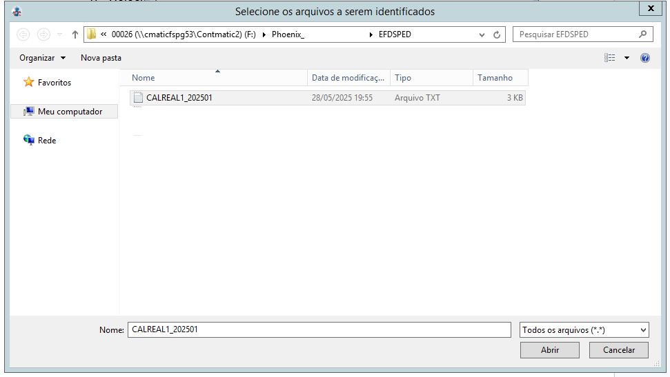 Janela de seleção de arquivos do sistema Contmatic Phoenix, exibindo o arquivo de texto "CALREAL1_202501" em uma pasta de rede.