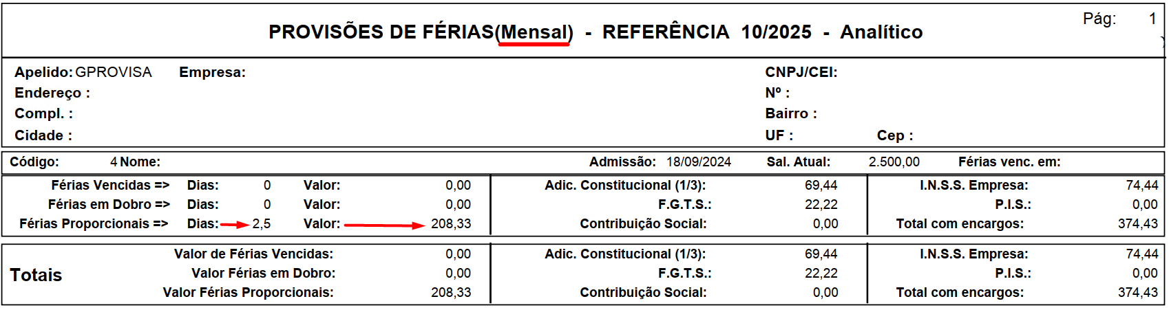 Relatório analítico de provisão mensal de férias (10/2025) indicando 2,5 dias proporcionais e valor de R$ 208,33 para o funcionário.