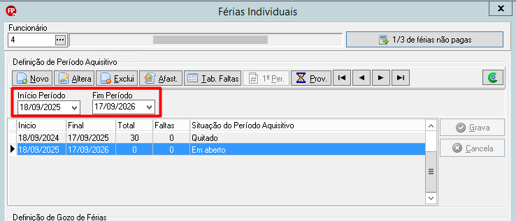 Tela de sistema com período aquisitivo de férias de 18/09/2025 a 17/09/2026 destacado em vermelho para o funcionário código 4.