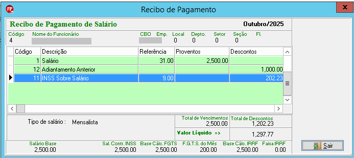 Recibo de pagamento de outubro/2025 com salário base de R$ 2.500,00, descontos de INSS e adiantamento, e valor líquido de R$ 1.297,77.