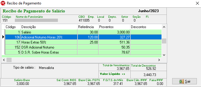 Recibo de Pagamento de Salário de Junho/2023 com proventos totalizando 3.967,65 e destaque no Adicional Noturno.
