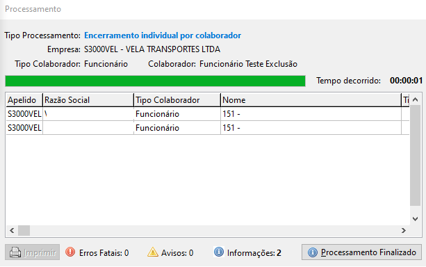 Barra de progresso de processamento concluída para o encerramento individual da empresa.