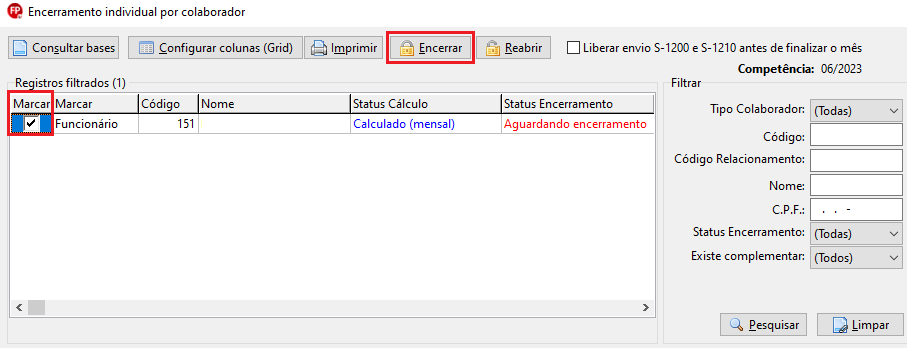 Tela de "Encerramento individual por colaborador" com o funcionário 151 selecionado para a ação "Encerrar".