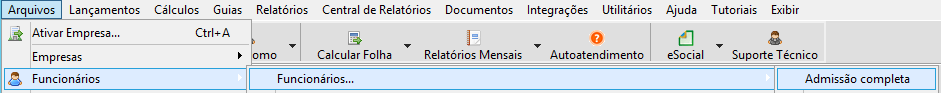 Menu superior de um software contendo as opções Arquivos, Funcionários e a subopção Admissão completa selecionada.