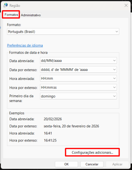 Aba "Formatos" da janela Região, com destaque no botão "Configurações adicionais" no rodapé.