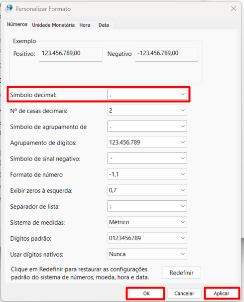 Janela Personalizar Formato destacando o campo "Símbolo decimal" e os botões "OK" e "Aplicar".