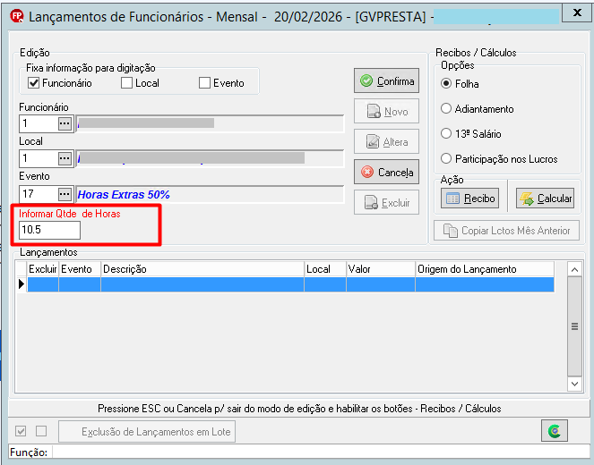 Tela de lançamentos de funcionários de um software, com destaque no campo "Informar Quantidade de Horas" preenchido com 10.5.