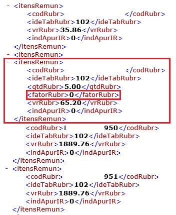 Trecho do XML com a tag fatorRubr contendo o valor 0 dentro do grupo itensRemun, destacando a origem do erro.