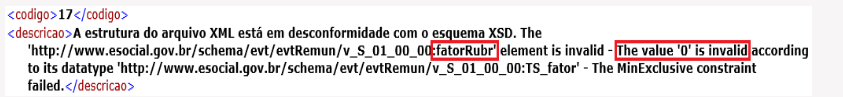 Erro 17 no eSocial: XML inválido no campo fatorRubr. O valor '0' falhou na restrição MinExclusive do esquema XSD.