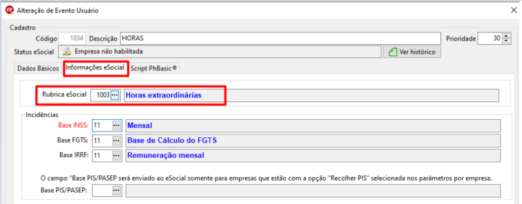 Tela Informações eSocial: rubrica 1003 (Horas extraordinárias) selecionada para o evento de horas, com incidências de INSS, FGTS e IRRF.