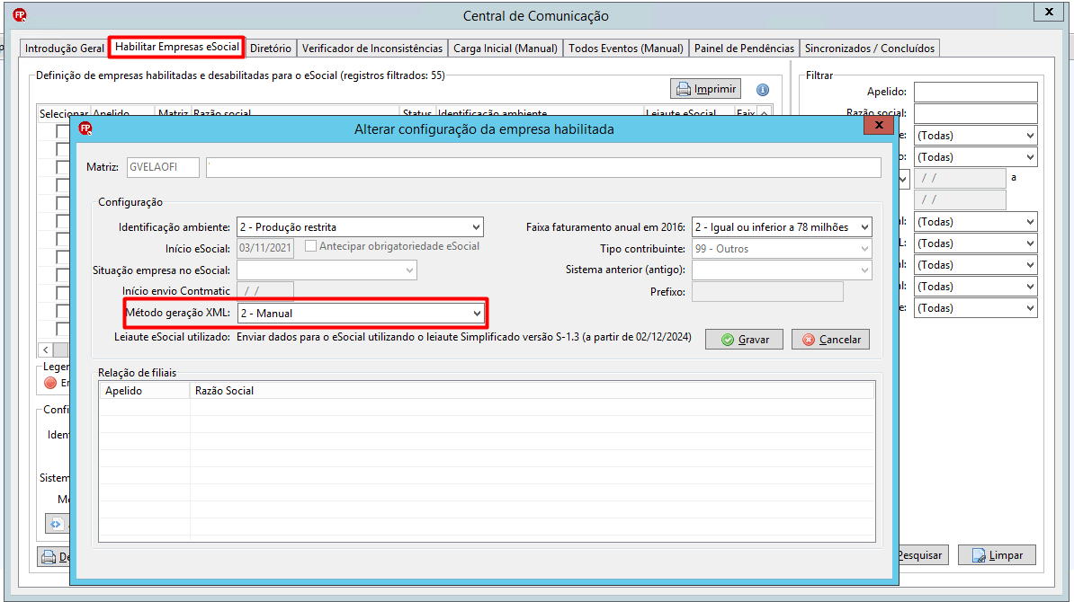 Janela "Alterar configuração da empresa habilitada" com o campo "Método geração XML" configurado como "2 - Manual".