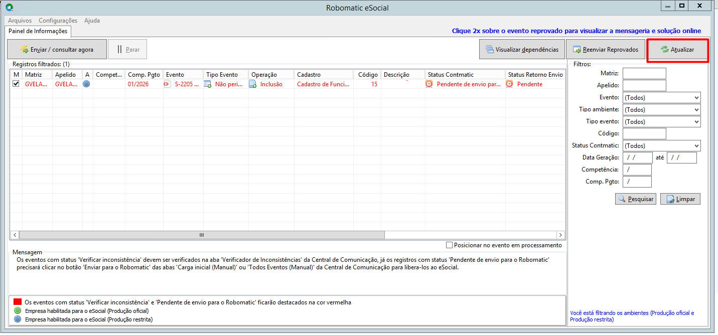 Tela inicial do Robomatic eSocial com o botão "Atualizar" no canto superior direito destacado em vermelho.