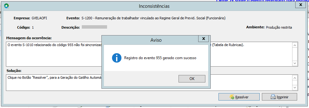Mensagem de confirmação do sistema informando: "Registro do evento 955 gerado com sucesso" após o comando de resolução.