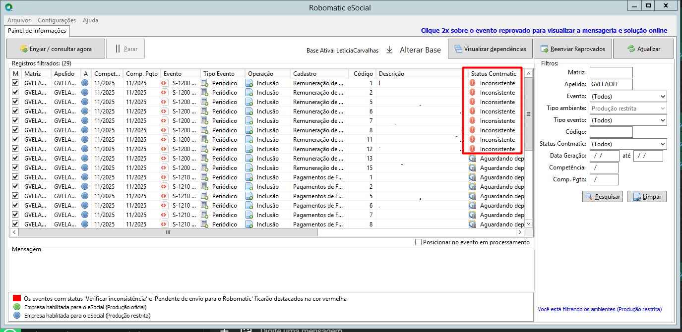 Painel Robomatic eSocial exibindo lista de eventos S-1200 com status "Inconsistente" destacados em vermelho na coluna Status Contmatic.