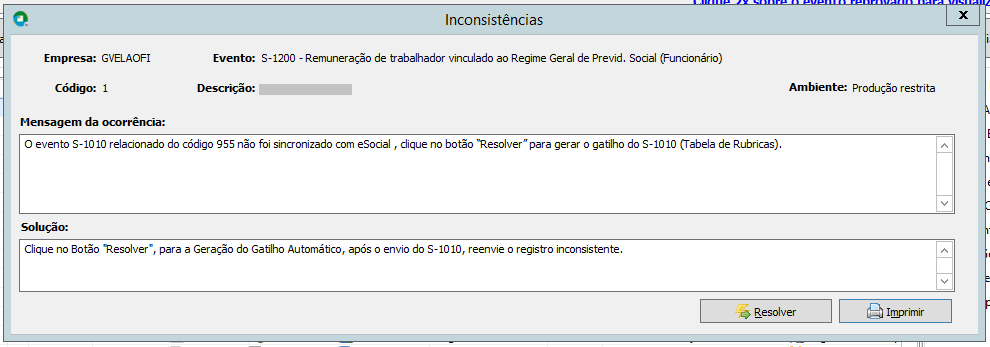 Janela de detalhe da inconsistência no evento S-1200, indicando que o evento S-1010 (rubrica 955) não foi sincronizado com o eSocial.