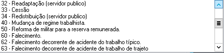 Lista de códigos RAIS com opções para servidores públicos, mudança de regime e causas de falecimento.