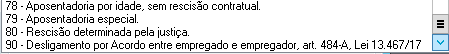 Final da lista de códigos RAIS, mostrando opções de aposentadoria especial, rescisão judicial e acordo entre as partes.