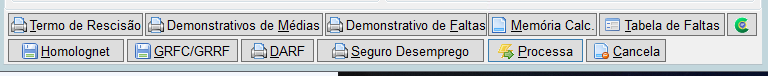 Barra de botões do sistema para gerar Termo de Rescisão, Médias, Guia de FGTS (GRRF), Seguro Desemprego e o botão Processar.