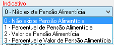 Menu suspenso "Indicativo" para configuração de Pensão Alimentícia, com opções de não existência, percentual, valor fixo ou ambos.