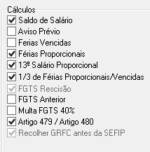 Lista de seleção (checkbox) para itens de cálculo da rescisão, como Saldo de Salário, Férias, 13º e Multa do FGTS.